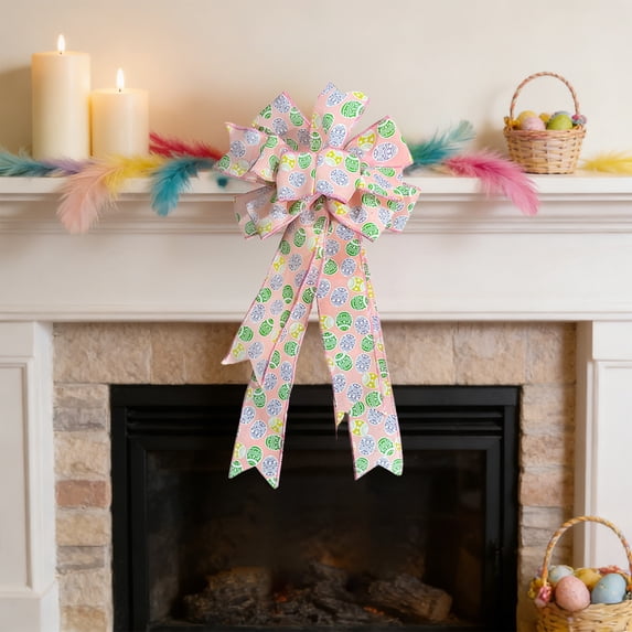 EWASWON Large Easter Decorative Bow - Pastel Easter Egg Print Ribbon Bow for Wreaths, Mantel, Door, Tree Topper, Reusable Home Decor