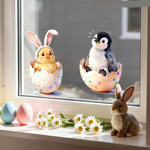 EWASWON Large Easter Wall Decals, Set of 2, Cracking Egg Chick & Penguin, Peel and Stick Removable Wall Stickers for Spring Home Decor, 11.8x15.75 Inch