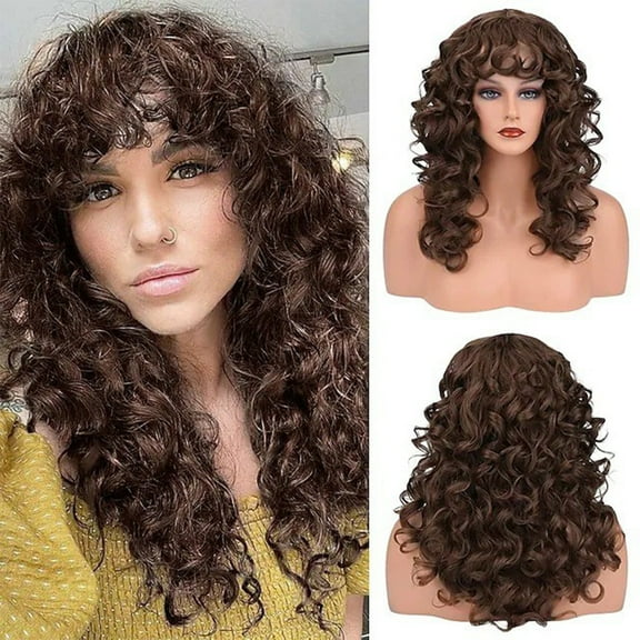EWASWON Long Wave Brown Highlight Wigs with Bangs for Women Synthetic Hair Dark Roots Brown