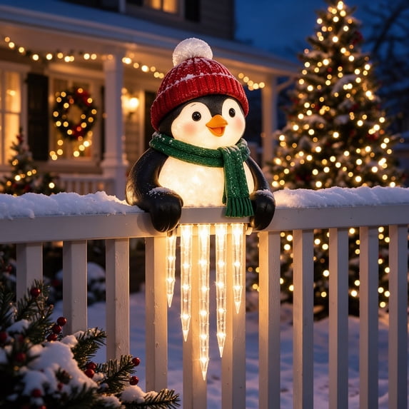 EWASWON Penguin Christmas Fence Peeker Decoration with LED Icicle ...