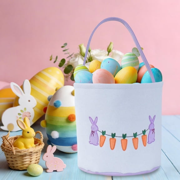EWASWON Purple Easter Basket for Ki-ds - Canvas Easter Egg Hunt Basket with Sturdy Handles, Foldable for Storage - Easter Gift for Bo-ys & Gi-rls