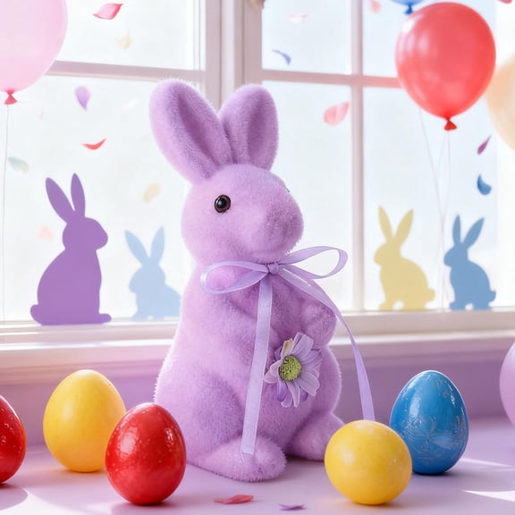 EWASWON Purple Flocked Easter Bunny Figurine, Soft Foam Spring Home Decor Shatterproof Rabbit Decoration for Mantel, Tiered Tray, Centerpiece Gift