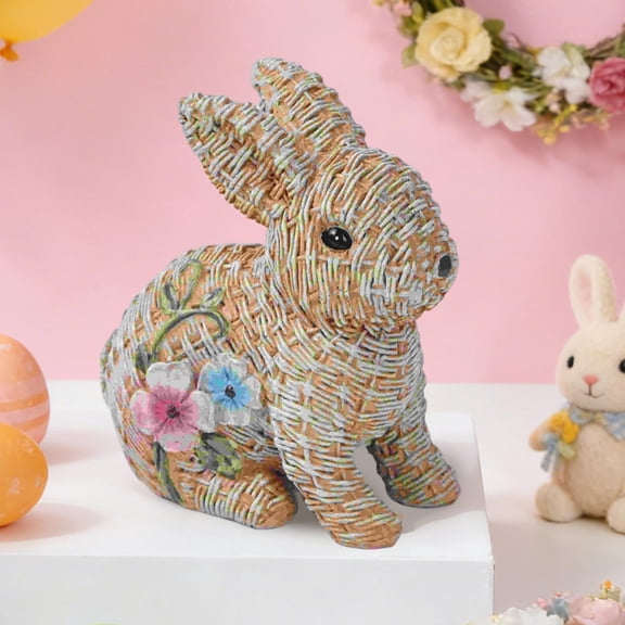 EWASWON Rattan Style Resin Rabbit Figurine, Brown Hand-Painted Bunny Statue, Boho Tabletop Decor for Living Room, Shelf, and Entryway