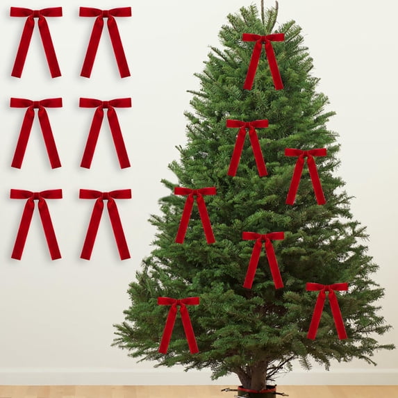 EWASWON Red Velvet Christmas Tree Bows, 16 Pcs Pre-Tied 5x7 Inch Wreath Garland Gift Bows, Holiday Indoor Decorations
