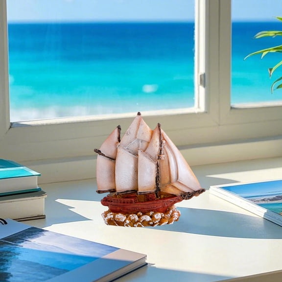 EWASWON Resin Sailboat Decor Nautical Coastal Mediterranean Style Miniature Boat Figurine Brown Ornament Small Tabletop Accents for Home Office Shelf