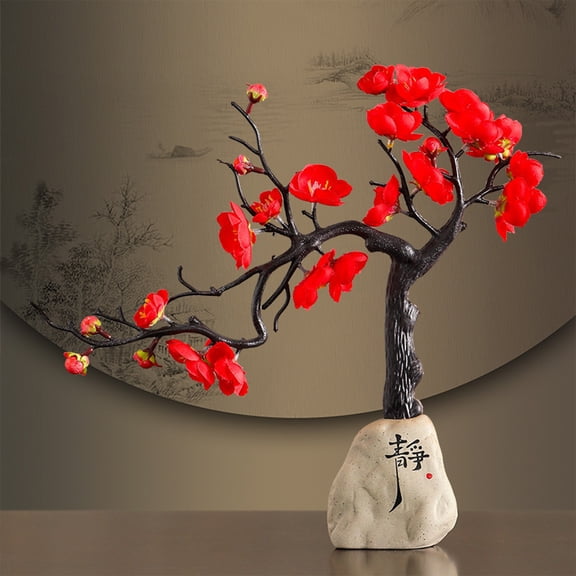 EWASWON Resin Wintersweet Branch Sculpture Japanese Zen Home Decor Small Tabletop Accent for Living Room Office Shelf Mantel Minimalist Art Figurine Red