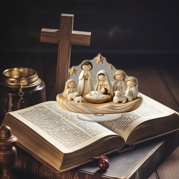 EWASWON Rotating Nativity Scene Ornament - Acrylic Christmas Figurine with Moving Base, 4 Inch Desk Nativity Set for Holiday Home Decor & Gift
