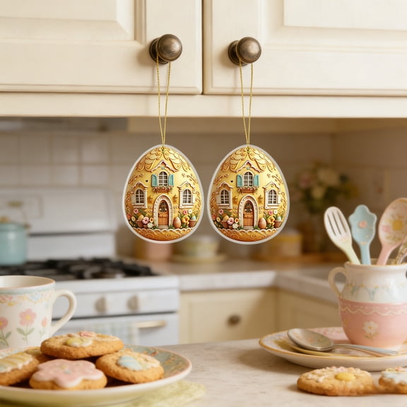 EWASWON Set of 2 Easter Egg Ornaments, Red Floral Cottage Hanging Decor for Home, Cabinet Knob, Easter Party Decoration, Spring Plastic Ornaments