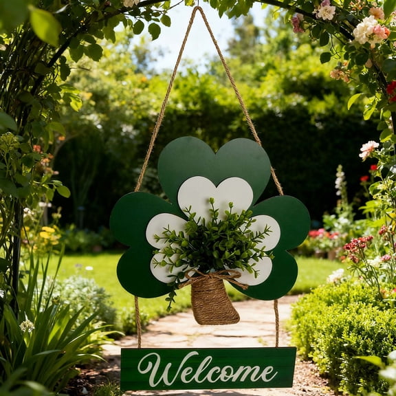 EWASWON St. Patrick's Day 4-Leaf Clover Welcome Sign - Rustic Wooden Hanging Plaque, Indoor/Outdoor Front Door Decor, Fade-Resistant Farmhouse Gift for Porch Entryway (28x58cm)
