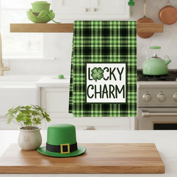 EWASWON St. Patrick's Day Kitchen Towel, Shamrock Green Plaid Lucky Charm Design, Absorbent Quick-Dry Dual-Purpose Tea Towel for Holiday Decor & Cleaning, 25.9x17.7in