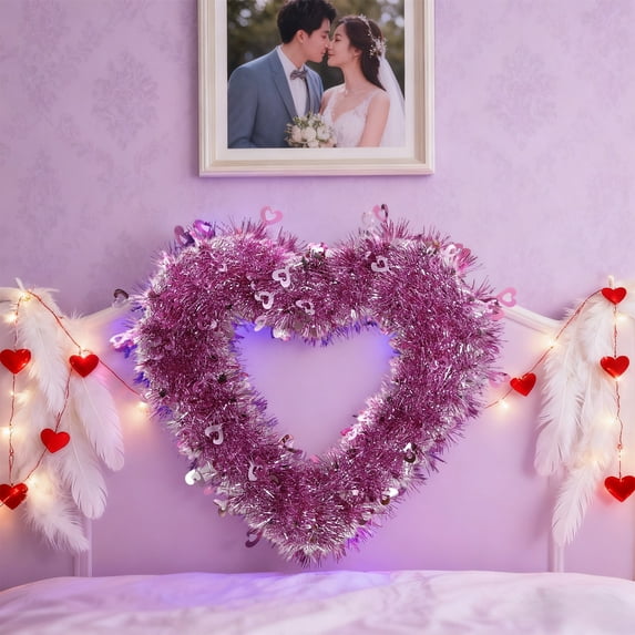EWASWON Valentine's Day Heart Shaped Wreath - 11.8 Inch Pink Plastic Tinsel Wreath, Waterproof Low-Maintenance Garland for Front Door, Wedding, Anniversary, Home Decor