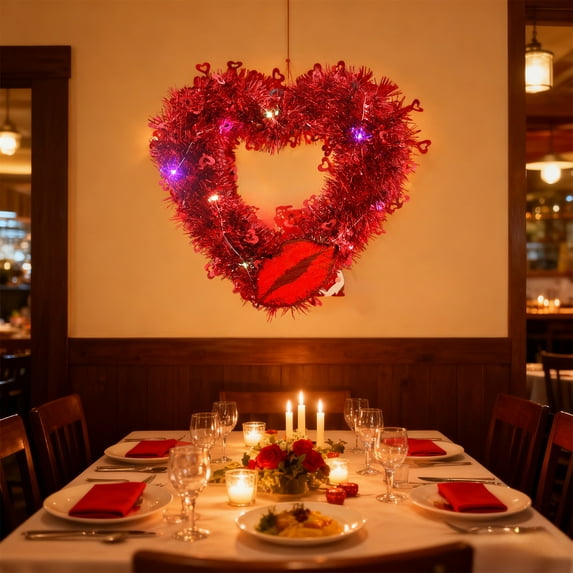 EWASWON Valentine's Day Heart Shaped Wreath 12.9 Inch - LED Illuminated Waterproof Decor with Gnome & XOXO Motifs for Wedding Anniversary Party Home Hanging