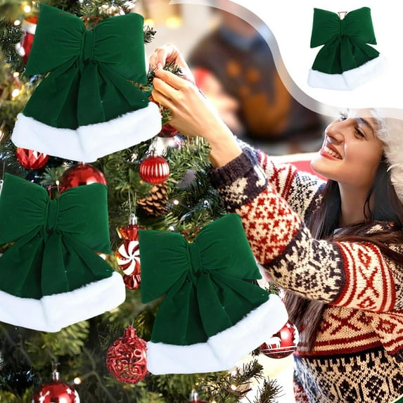 EWASWON Velvet Christmas Bow Decoration - Green Oversized 37cm, Holiday Hanging Ornament for Christmas Tree & Window, Soft Fabric Xmas Decor