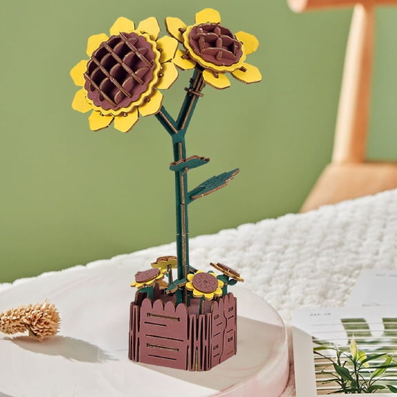EWASWON Wooden 3D Puzzle 4 Styles Flower Building Kit - Vintage DIY Craft Set with Adjustable Stem - Eco-Friendly No Glue Desk Decor Gift for Adults Teens