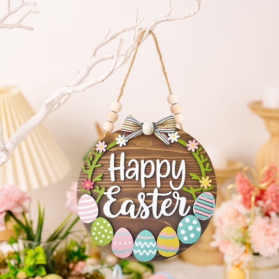 EWASWON Wooden Easter Door Hanger Round Bunny Welcome Sign with 3D Ears, Pastel Stripes & Floral Decor, Spring Front Door or Wall Hanging Decoration