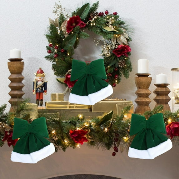 EWASWON Xmas Green Flocked Christmas Bow - Oversized Soft Fabric Holiday Hanging Ornament for Tree Window Wedding Decor 29x25cm