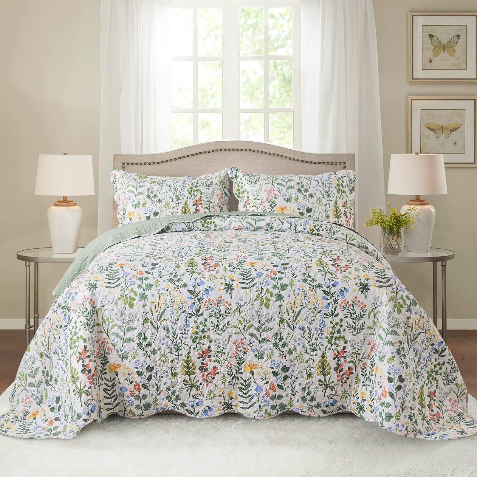 EWAYBY 3-Pieces Green Floral Quilt Sets, King