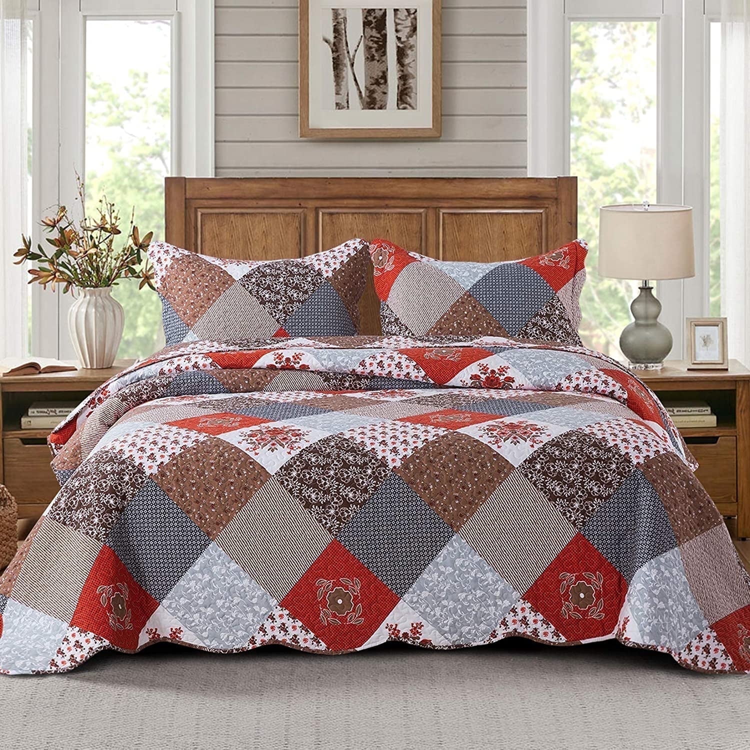 Patchwork Heavy King Quilt Reversible Retro Red Floral Patchwork