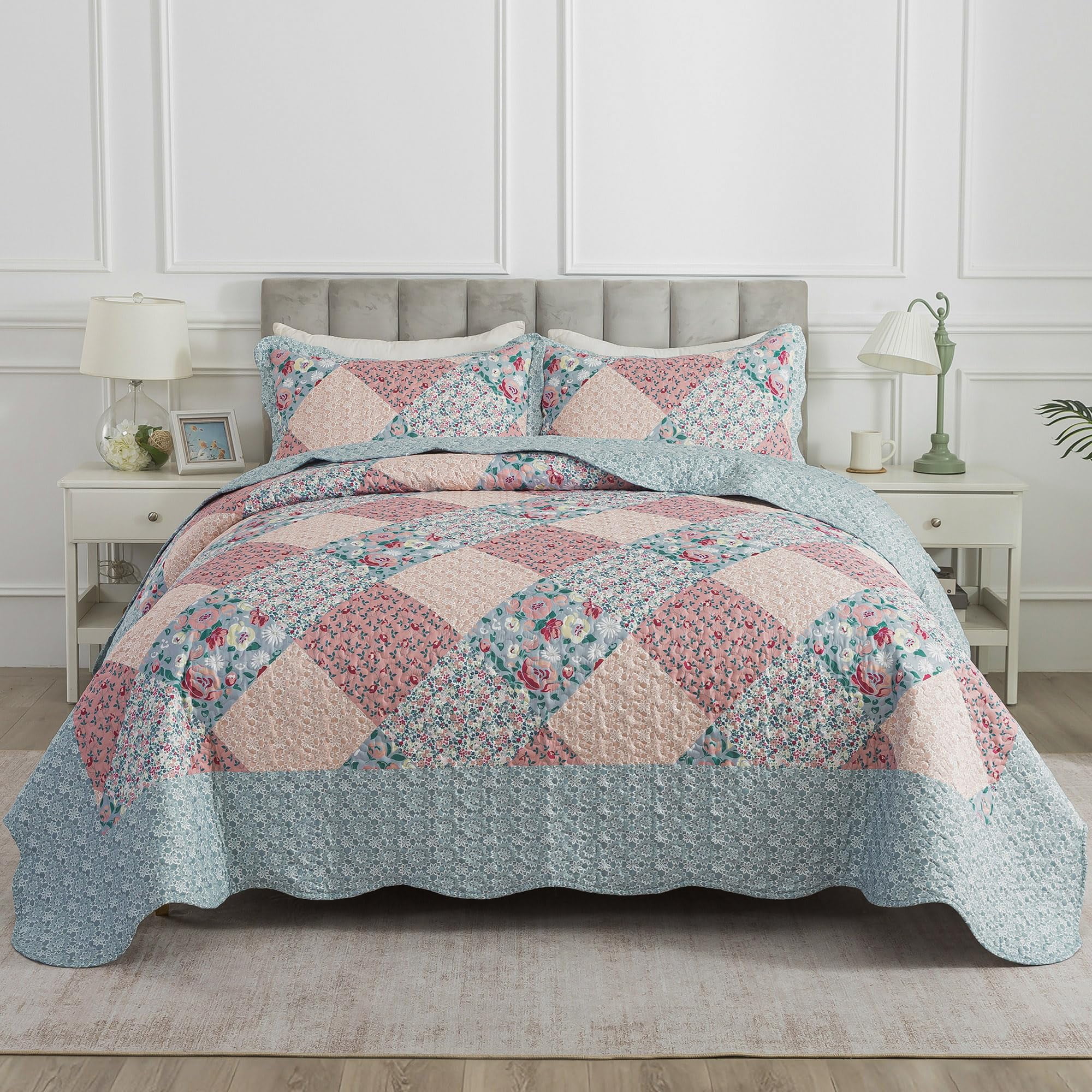 EWAYBY Queen Quilt Bedding Set 3-Piece Bedspread Coverlet Set Reversible Floral Patchwork Quilt Sets, Black Orange