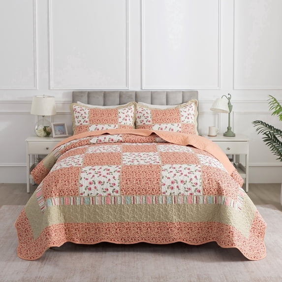 EWAYBY Queen Quilt Bedding Set 3-Piece Bedspread Coverlet Set Reversible Floral Patchwork Quilt Sets, Pumpkin