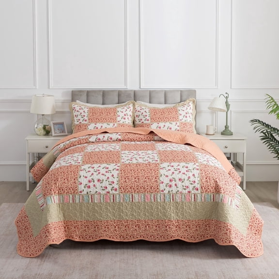 EWAYBY Queen Quilt Bedding Set 3-Piece Bedspread Coverlet Set Reversible Floral Patchwork Quilt Sets, Pumpkin