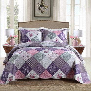 SPRING HOME 3-Piece Lightweight Quilt Set – Floral Patchwork Bedspread For Queen/King Bed