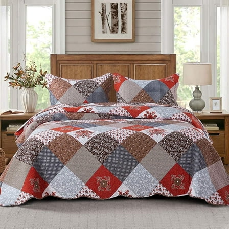 EWAYBY Queen Quilt Bedding Set 3-Piece Bedspread Coverlet Set Reversible Floral Patchwork Quilt Sets, Retro Red