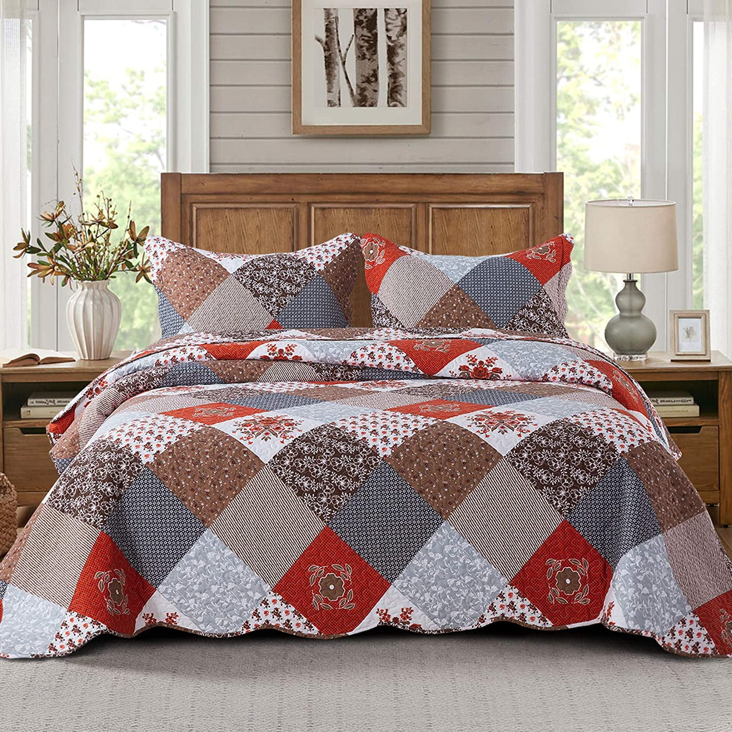 EWAYBY Queen Quilt Bedding Set 3-Piece Bedspread Coverlet Set Reversible  Floral Patchwork Quilt Sets, Retro Red