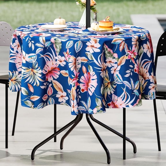 EWAYBY Round Tablecloth with Umbrella Hole and Zipper for Patio Garden (60" Round, Blue Floral)