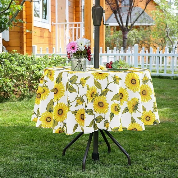 EWAYBY Round Tablecloth with Umbrella Hole and Zipper for Patio Garden (60" Round, Yellow)