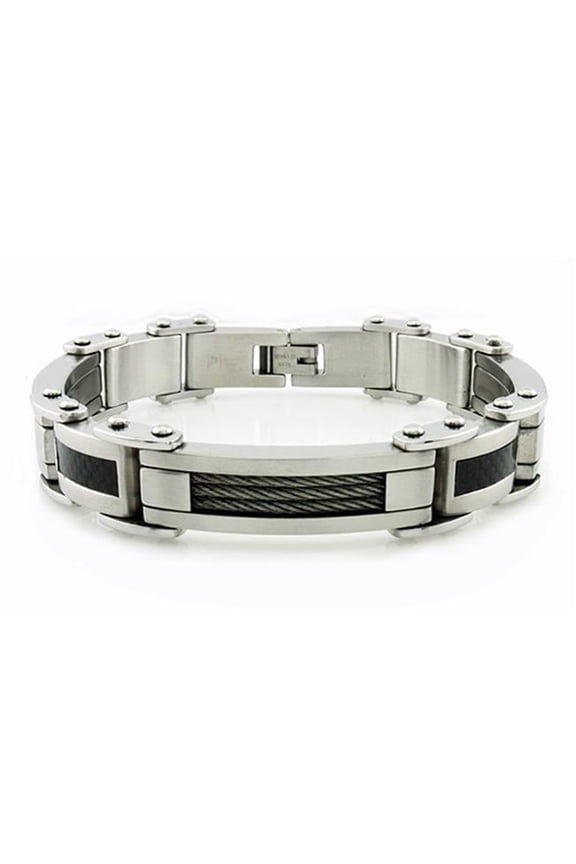 B30283 Stainless Steel Mens Bracelet with Cable and Carbon Fiber