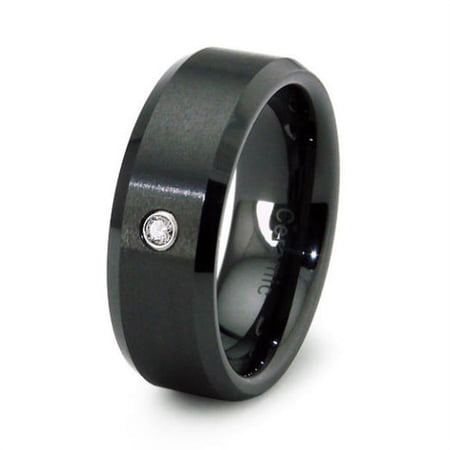 EWC R40038D-085 Black Ceramic Ring Beveled Edge with Diamond 0.04ctw - Size 8.5