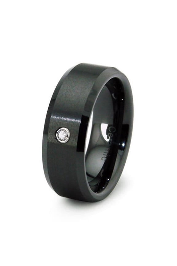 R40038D-105 Black Ceramic Ring Beveled Edge with Diamond 0.04ctw - Size 10.5