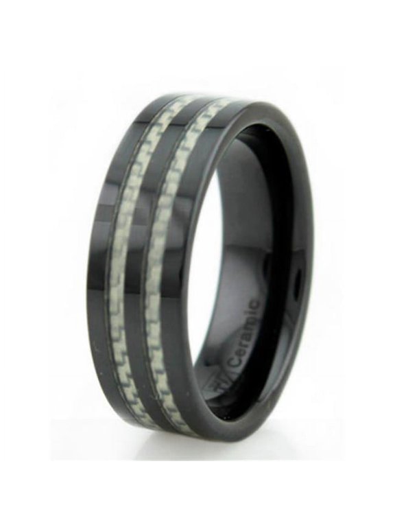 R40054-115 Black Ceramic Mens Ring with White Carbon Fiber Inlay - Size 11.5