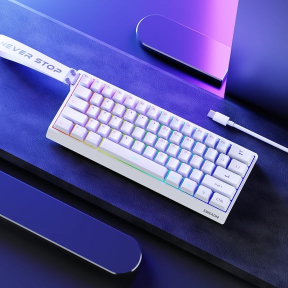 EWEADN F61 60% Gaming Keyboard Wired, RGB Backlit Membrane Gaming Keyboard with PBT Keycaps, Compact Design, Lanyard Wired Keyboard for /Win-White