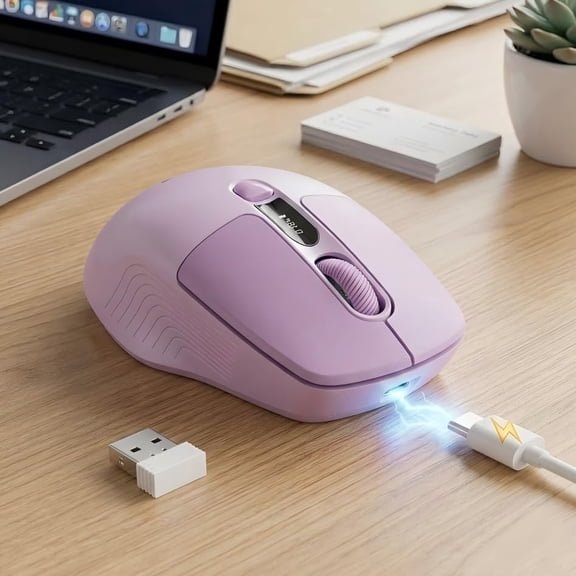 EWEADN Q1 Wireless Mouse, BT & 2.4G Silent Mouse Quiet Click with 1600 DPI Levels, Battery & DPI LED Screen Display, 6 Button Small Portable Bluetooth Mouse for Laptop/PC/Mac-Purple