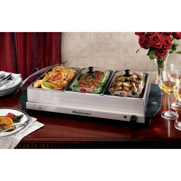 EWM-6171 Triple 3 x 2.5 Qt. Trays, Buffet Server, Food Warmer Temperature Control, Clear Slotted Lids, Perfect for Parties, Entertaining & Holidays, 7.5 Qt Total, Stainless Steel