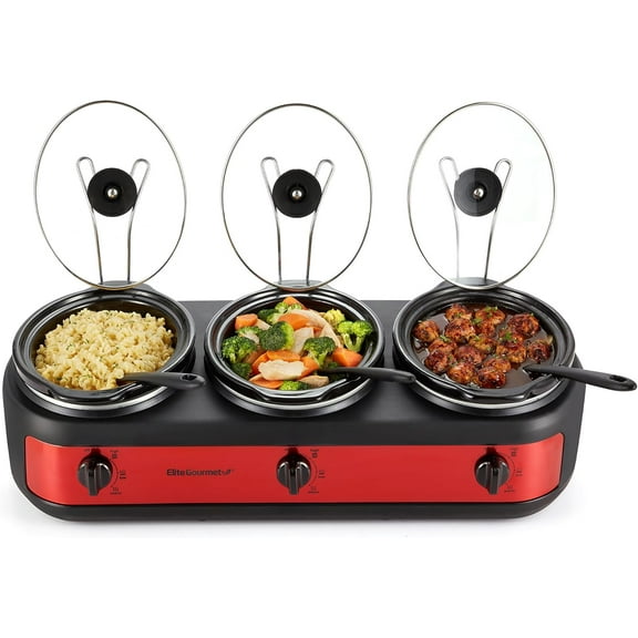 EWMST-325R Maxi-Matic Triple Slow Cooker Buffet Server Adjustable Temp Dishwasher-Safe Oval Ceramic Pots, Lid Rests, 3 x 2.5 Qt Capacity, Red