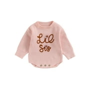 EWODOS Baby Girl Fall Romper Long Sleeve Little SIS Letter Embroidery Round Neck Newborn Sweater