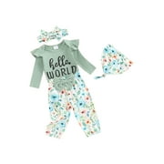 EWODOS Infant Girl Fall 4Pcs Outfit Letter Print Long Sleeve Romper Flower Pants Hat Bow Headband Set