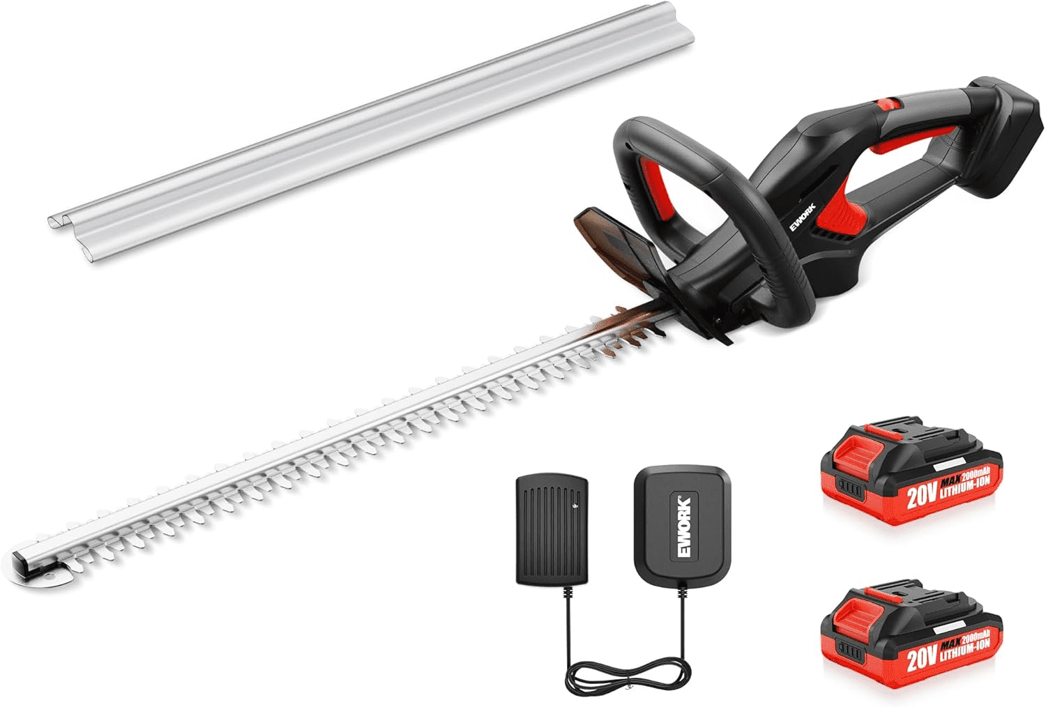 EWORK 22-Inch Cordless Hedge Trimmer, 20V Battery Powered Bush Trimmer, Lightweight Handheld Shrub Trimmer with 2 Batteries and Charger, 5/8-Inch Cutting Capacity for Garden, Yard (Red)