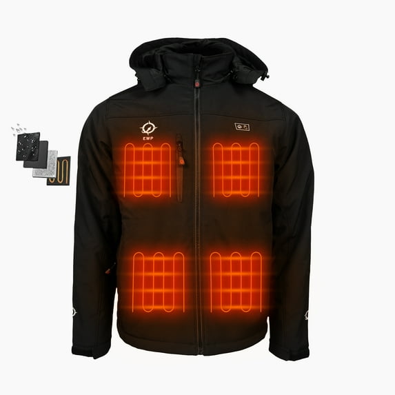 EWP Unisex Black Heated Insulated Weather Resistant Jacket with Rechargeable Battery Pack - Large