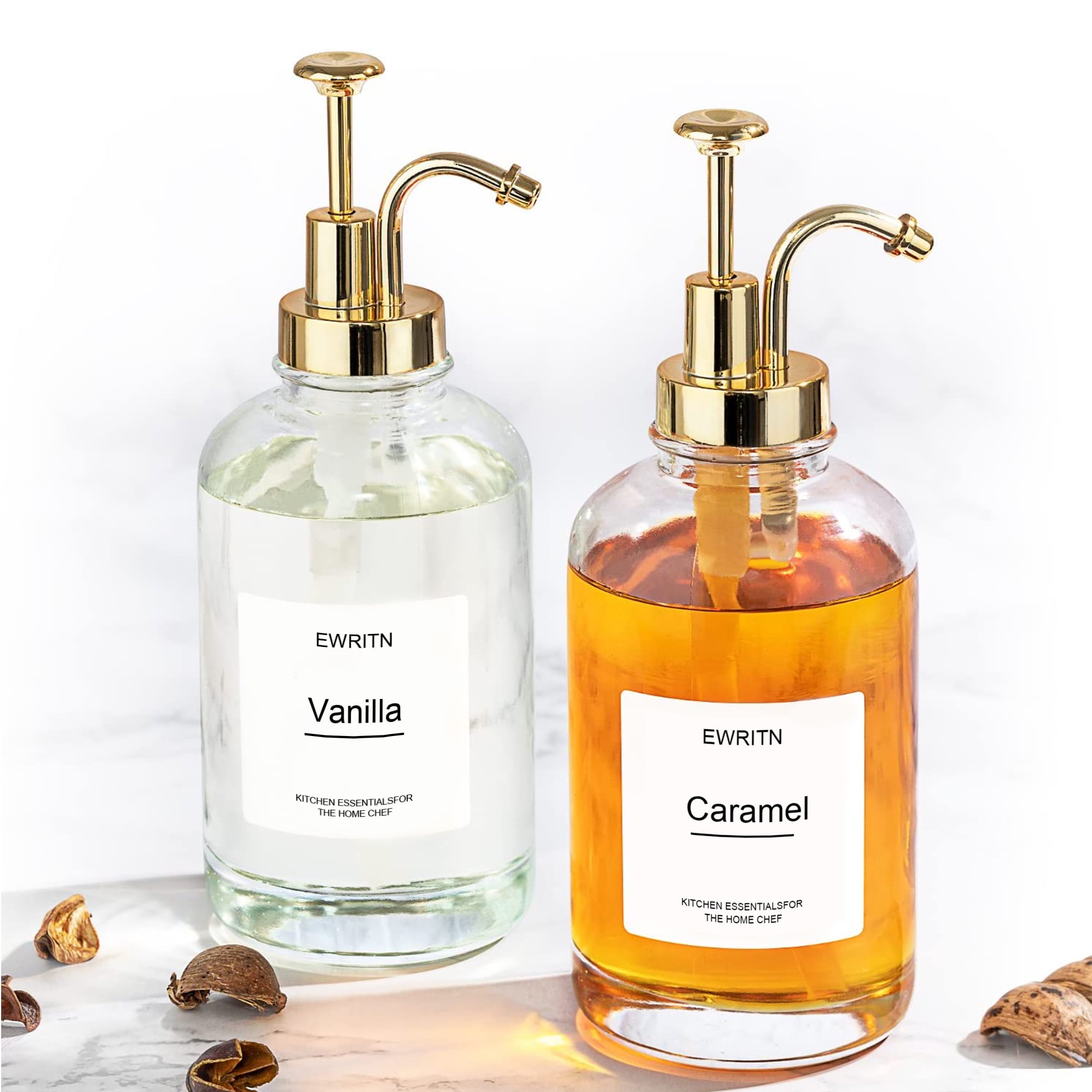 EWRITN Coffee Syrup Dispenser for Coffee Bar with Labels and Gold Pump, Coffee Pump Dispenser, BPA Free & Durable Transparent Glass Coffee Syrup Dispenser Bottles