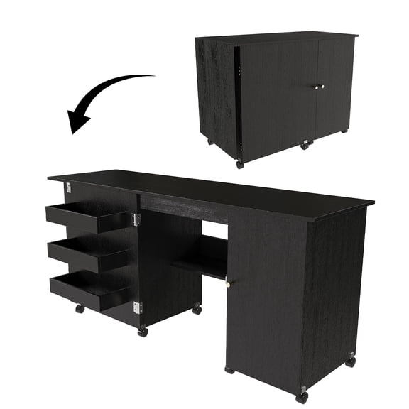 EWUZOSE Sewing Table Foldable 57.5 Inch with Storage and Locking Casters for Craft Room Black