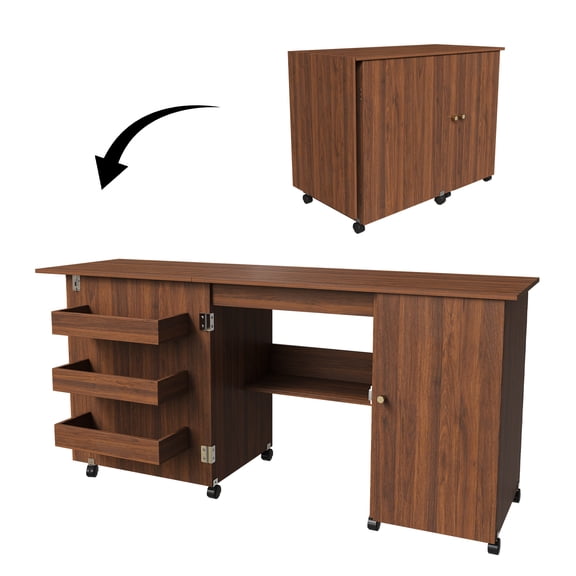 EWUZOSE Sewing Table Foldable 57.5 Inch with Storage and Locking Casters for Craft Room