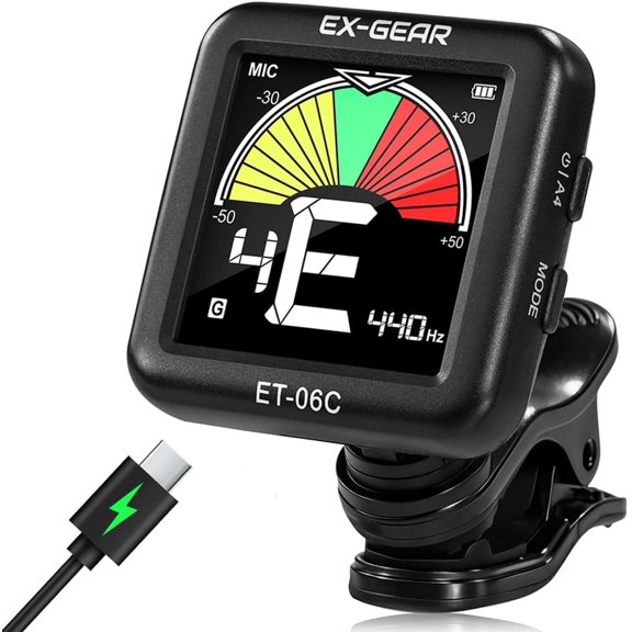 EX-GEAR Professional Guitar Tuner Clip On, Quick & Accurate Tuning with Large LCD Screen, 360 Rotatable Rechargeable Acoustic Guitar Electric Guitar Bass Ukulele & Chromatic Tuner