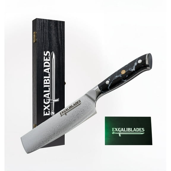 EXCALIBLADES 7 Inch Nakiri Knife, 67 layers of Damascus Steel Chef Knife, Multipurpose Meat Vegetable Sharp Kitchen Knife with Ergonomic Black Turquoise Handle, Sheath included.