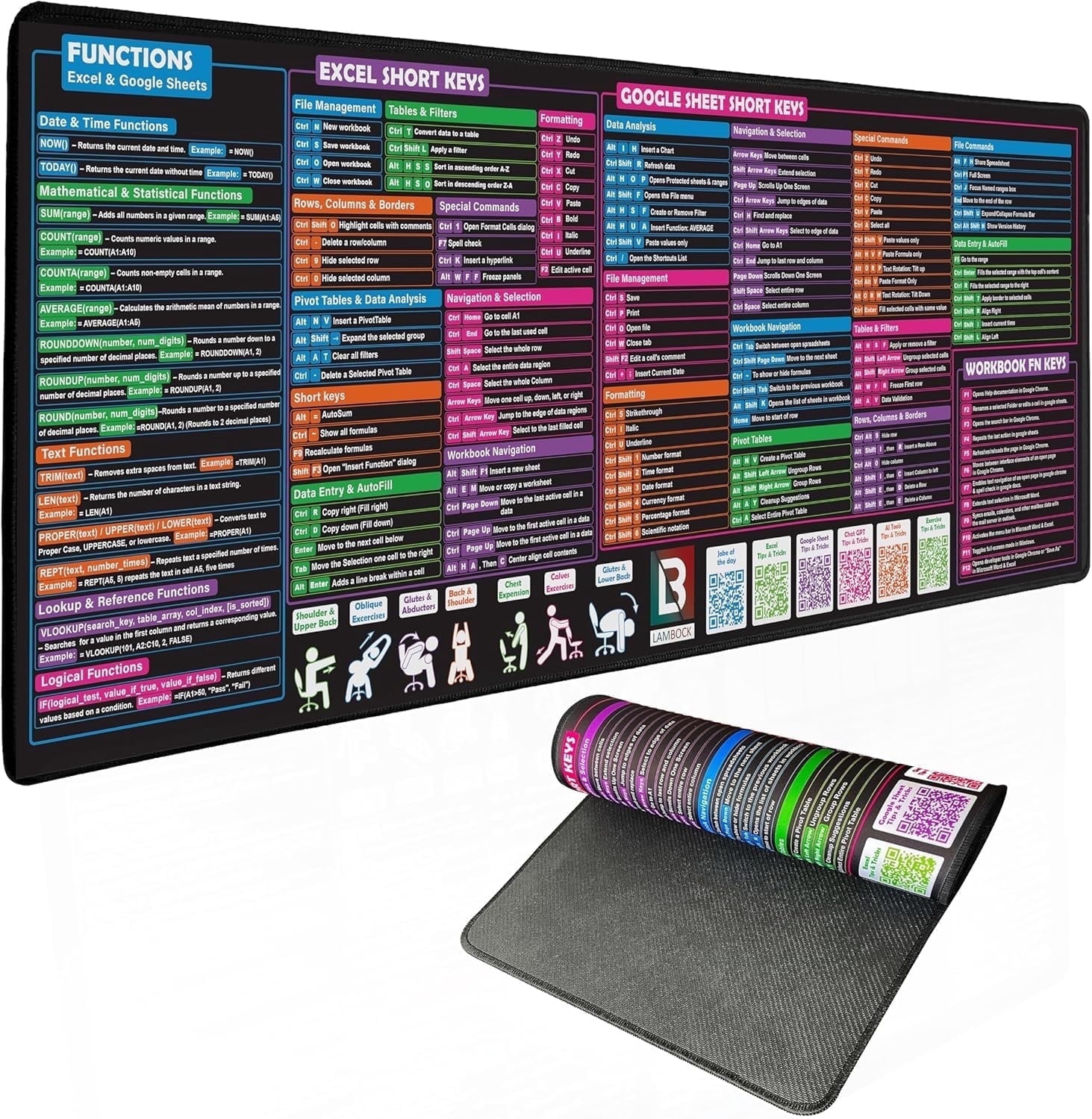 Lambock Excel Cheat Sheet Desk Pad & Mouse Pad 16 x 32 Excell Formulas Shortcut Mat for Keyboard and Mouse Neoprene XXL Desk Mat for Desktop, Laptop