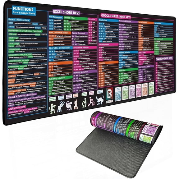 Lambock Excel Cheat Sheet Desk Pad & Mouse Pad 16 x 32 Excell Formulas Shortcut Mat for Keyboard and Mouse Neoprene XXL Desk Mat for Desktop, Laptop