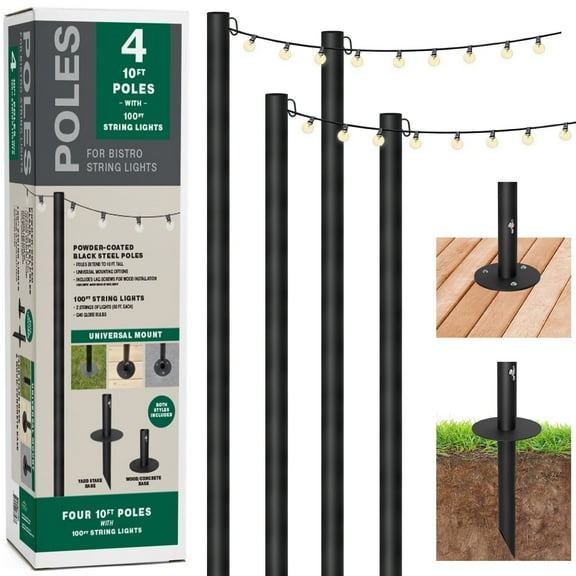 EXCELLO GLOBAL PRODUCTS Outdoor Bistro String Light Poles, 4 Pack, Extends to 10 ft, Universal Mounting Options Included with 100 ft. of G40 LED Lights (100 Lights)